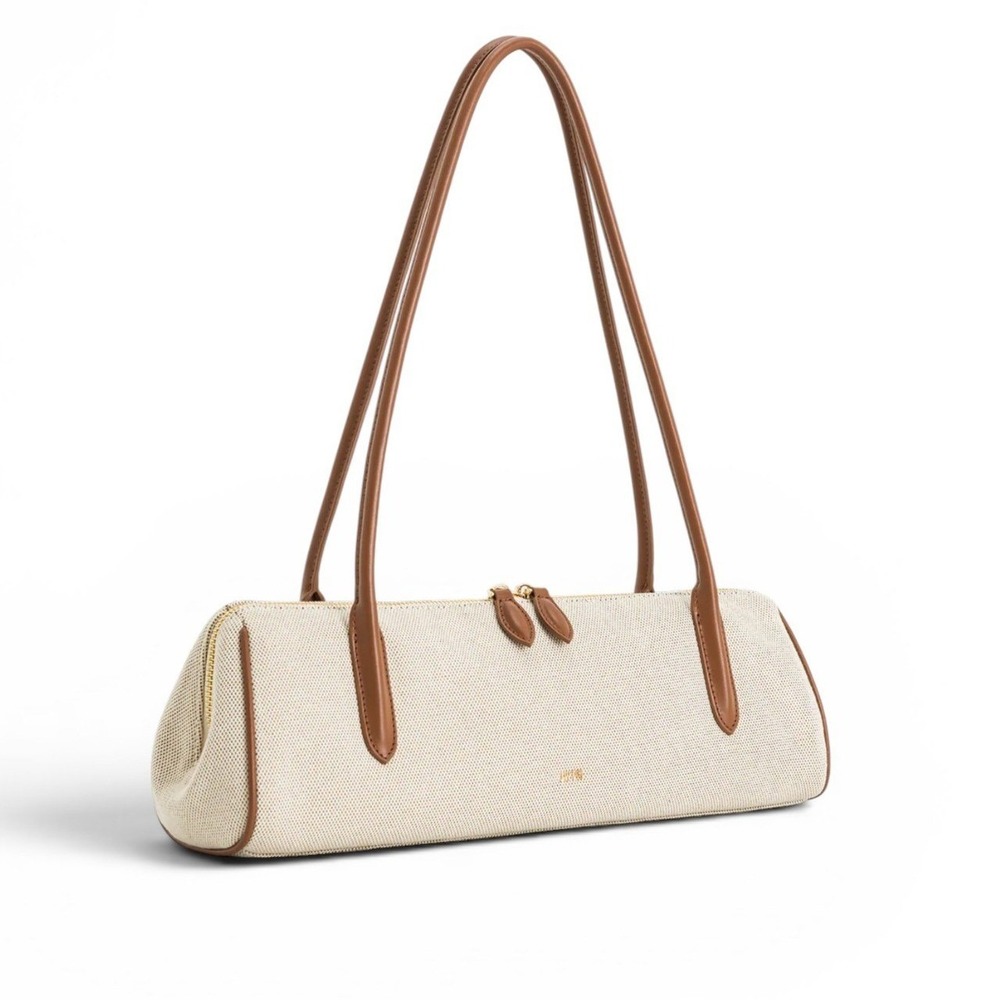 JW PEI Nova Baguette Shoulder Bag Beige Canvas‎ Brown Vegan Leather